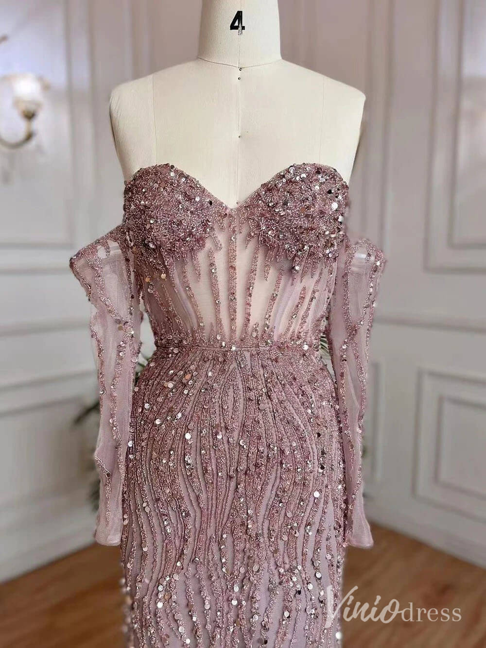 Elegant Beaded Sheath Prom Dresses Spaghetti Strap Long Sleeve Pageant Dress AD1237 - ViniodressEvening DressesDusty RoseUS 2 - Formal Dresses - Ball Gowns