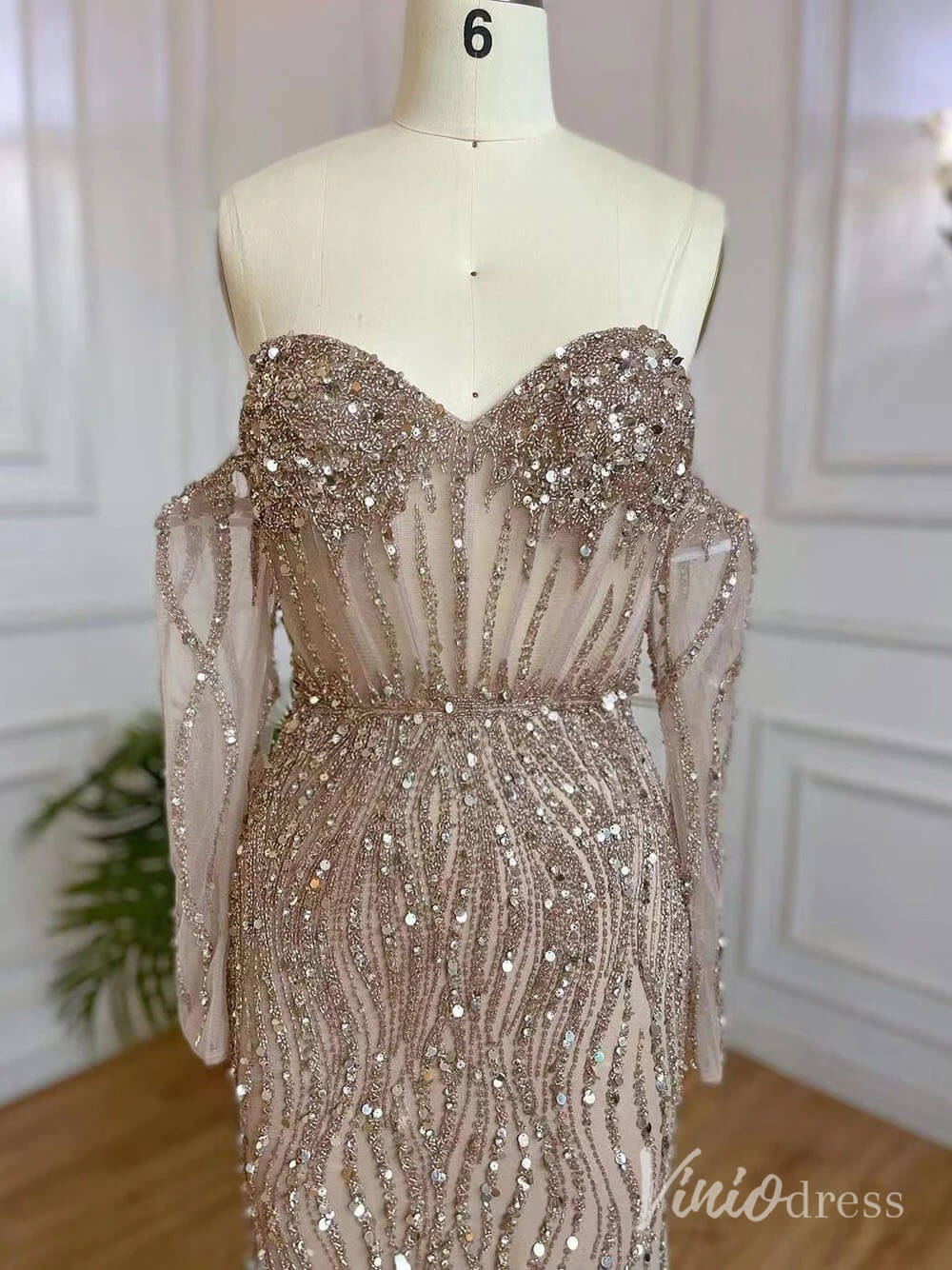 Elegant Beaded Sheath Prom Dresses Spaghetti Strap Long Sleeve Pageant Dress AD1237 - ViniodressEvening DressesKhakiUS 2 - Formal Dresses - Ball Gowns