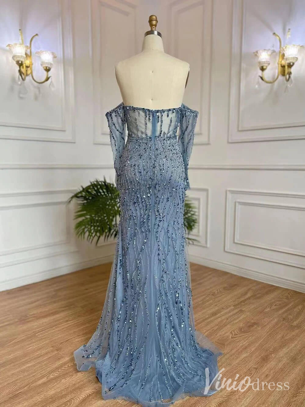 Elegant Beaded Sheath Prom Dresses Spaghetti Strap Long Sleeve Pageant Dress AD1237 - ViniodressEvening DressesDusty BlueUS 2 - Formal Dresses - Ball Gowns