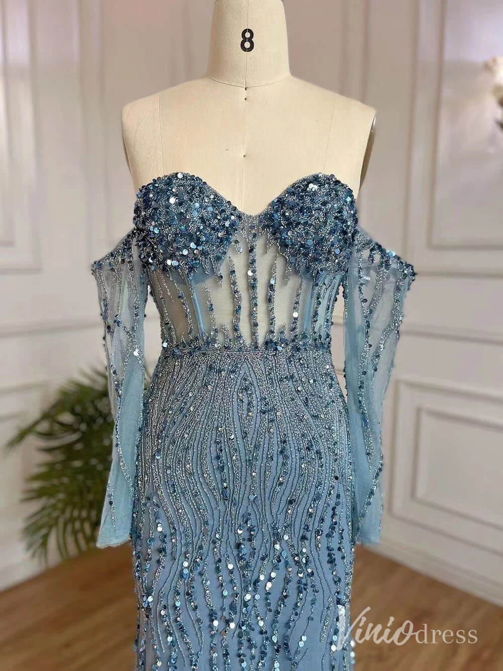 Elegant Beaded Sheath Prom Dresses Spaghetti Strap Long Sleeve Pageant Dress AD1237 - ViniodressEvening DressesDusty BlueUS 2 - Formal Dresses - Ball Gowns