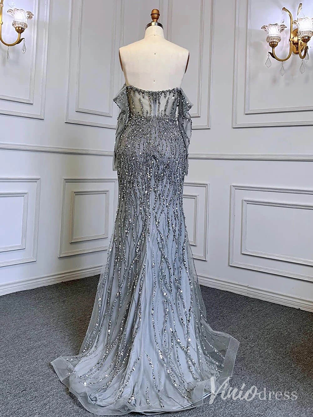 Elegant Beaded Sheath Prom Dresses Spaghetti Strap Long Sleeve Pageant Dress AD1237 - ViniodressEvening DressesGreyUS 2 - Formal Dresses - Ball Gowns