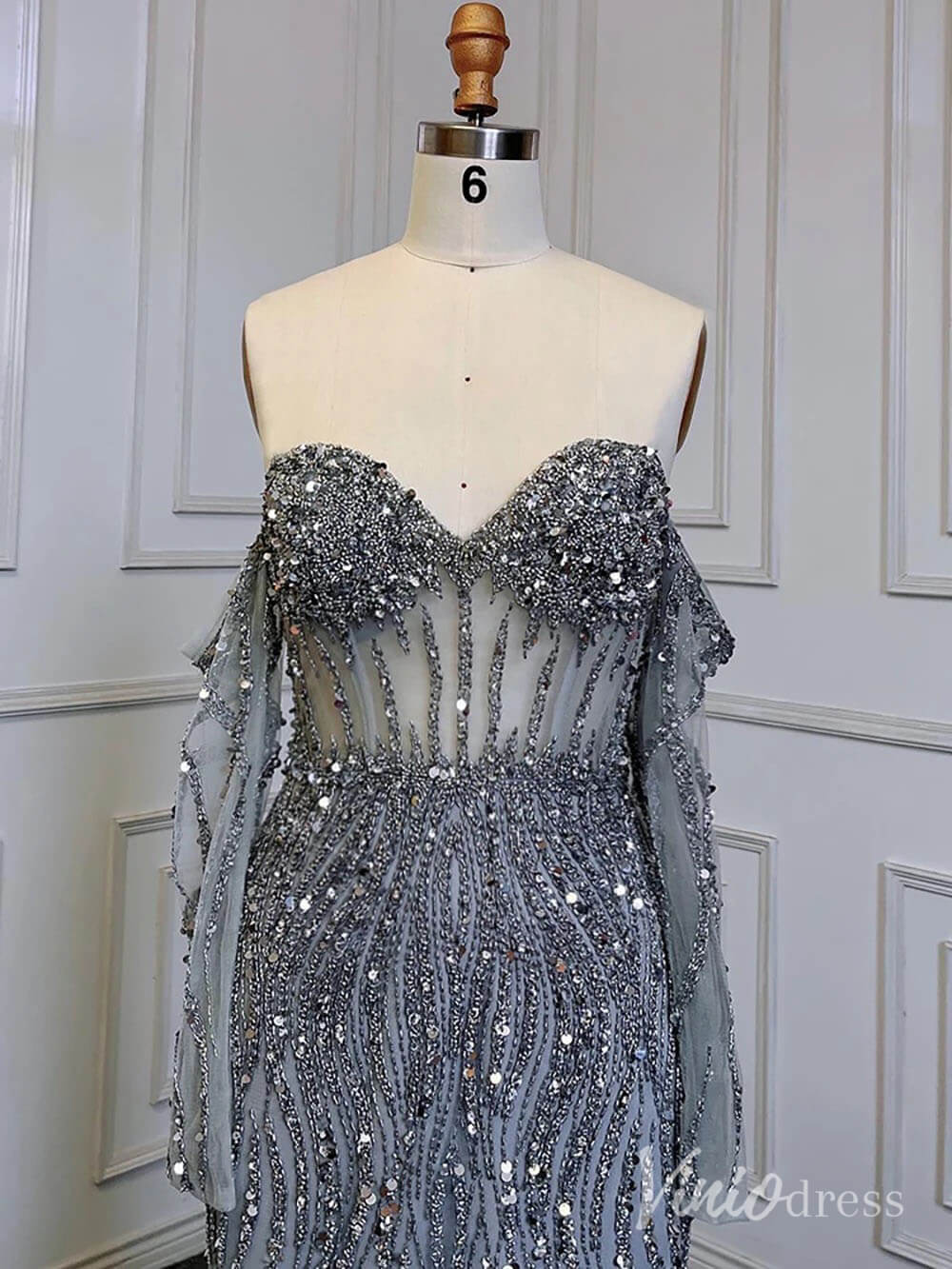 Elegant Beaded Sheath Prom Dresses Spaghetti Strap Long Sleeve Pageant Dress AD1237 - ViniodressEvening DressesGreyUS 2 - Formal Dresses - Ball Gowns