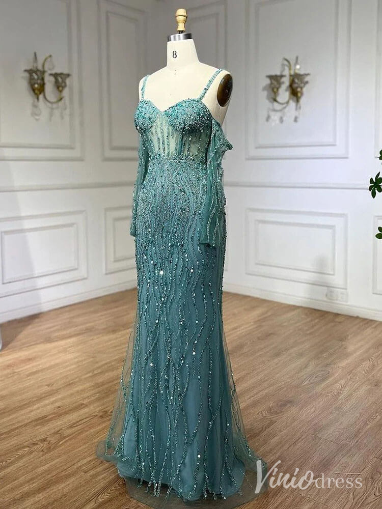 Elegant Beaded Sheath Prom Dresses Spaghetti Strap Long Sleeve Pageant Dress AD1237 - ViniodressEvening DressesGreenUS 2 - Formal Dresses - Ball Gowns