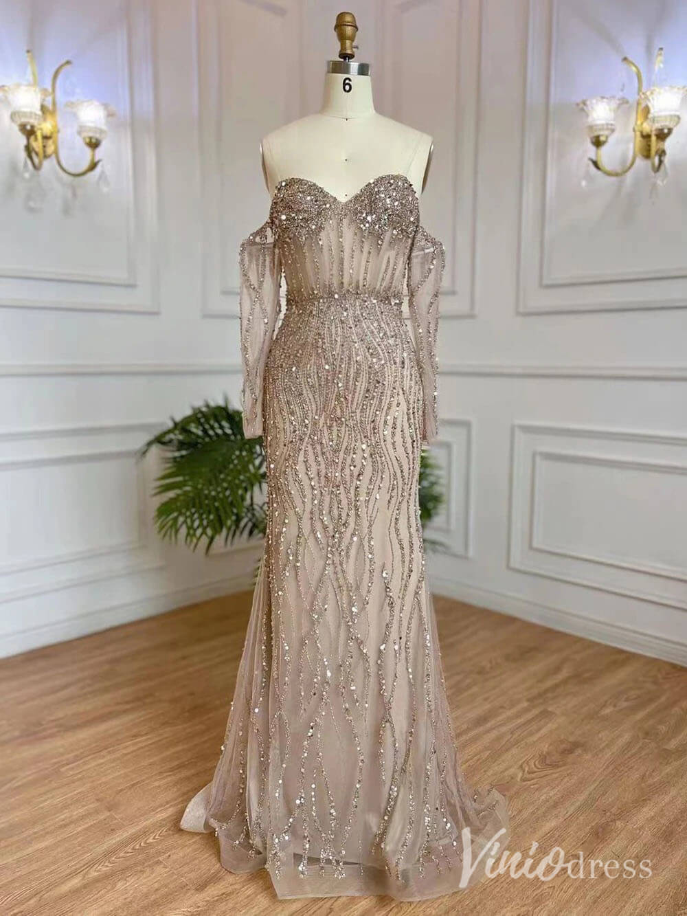 Elegant Beaded Sheath Prom Dresses Spaghetti Strap Long Sleeve Pageant Dress AD1237 - ViniodressEvening DressesKhakiUS 2 - Formal Dresses - Ball Gowns