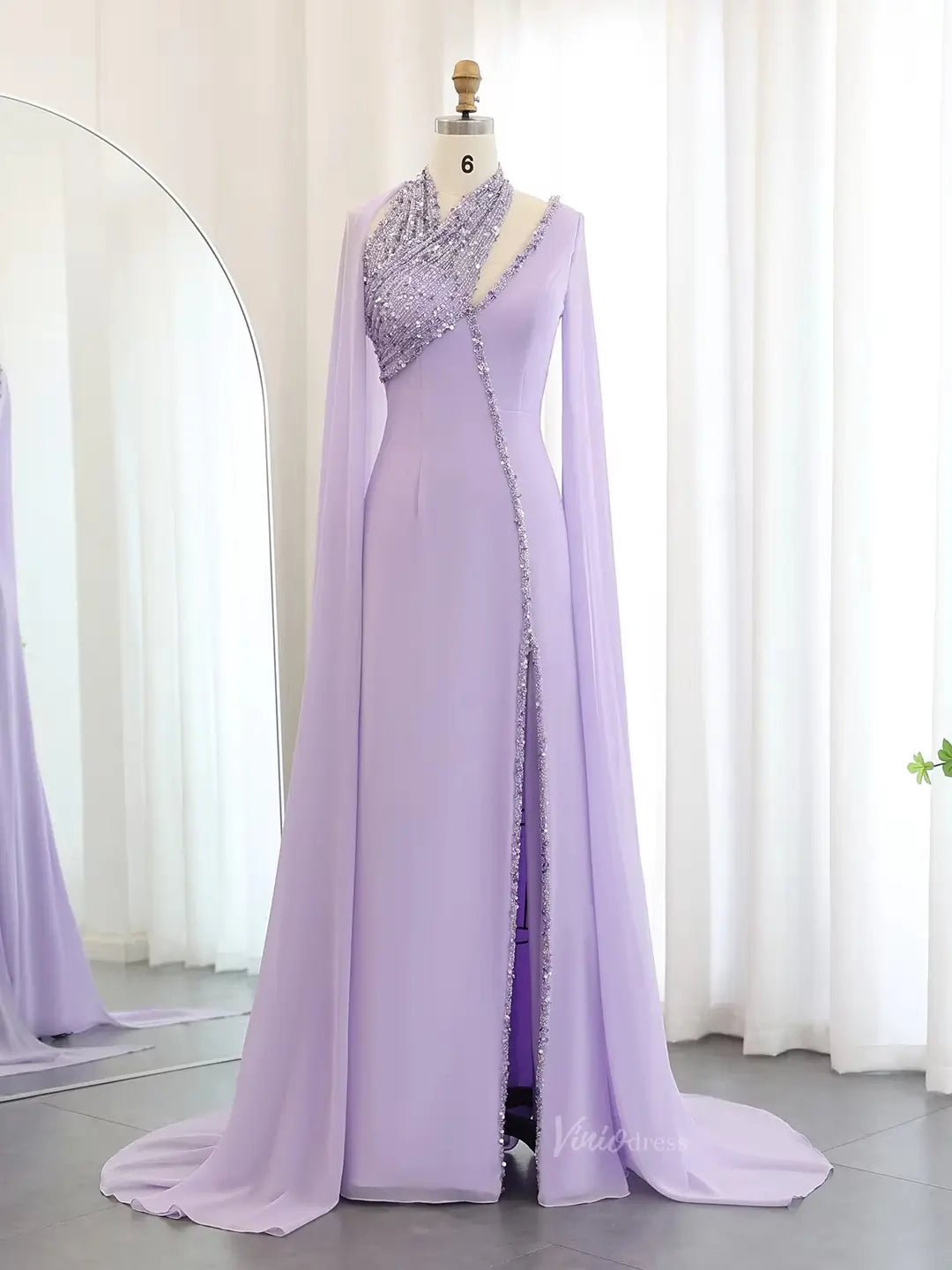 Elegant Cape Sleeve Prom Dresses with Slit Mermaid Mother of the Bride Dress AD1170 - ViniodressEvening DressesLilacUS 2 - Formal Dresses - Ball Gowns