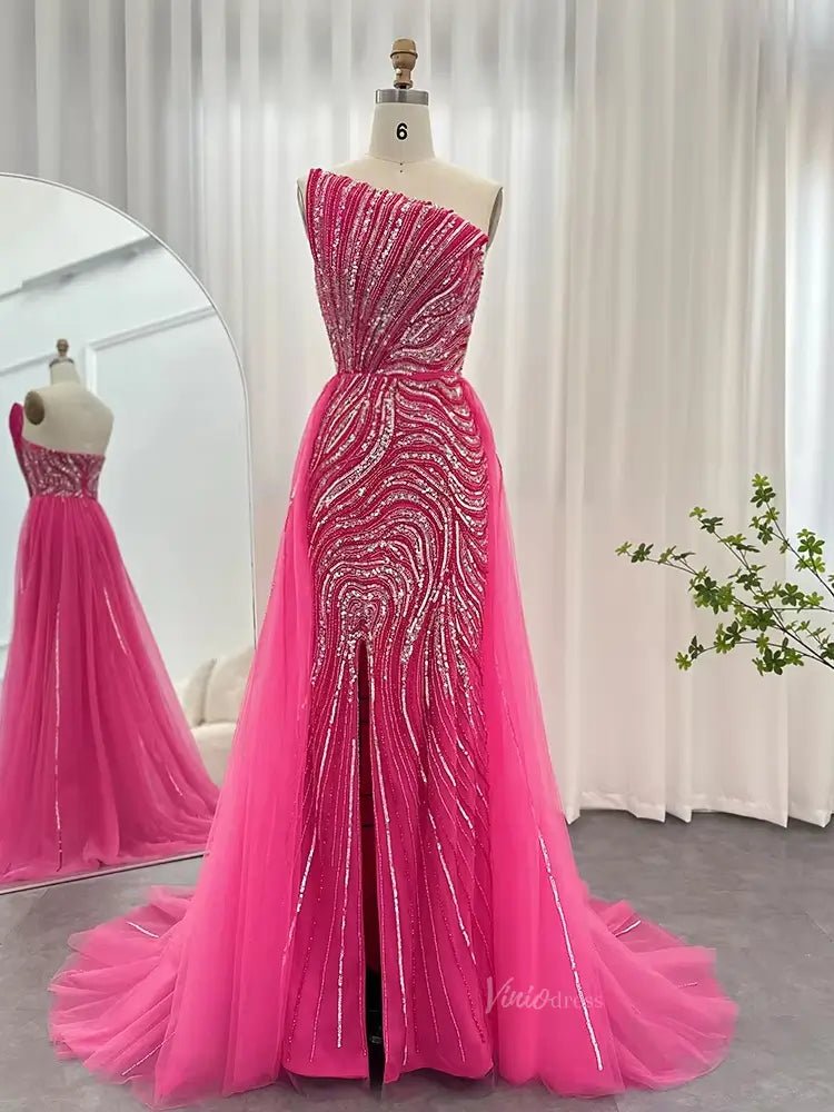 Elegant Fuchsia Long Prom Dresses Overskirt Beaded Formal Dresses with Slit BD047 - ViniodressEvening DressesFuchsiaUS 2 - Formal Dresses - Ball Gowns