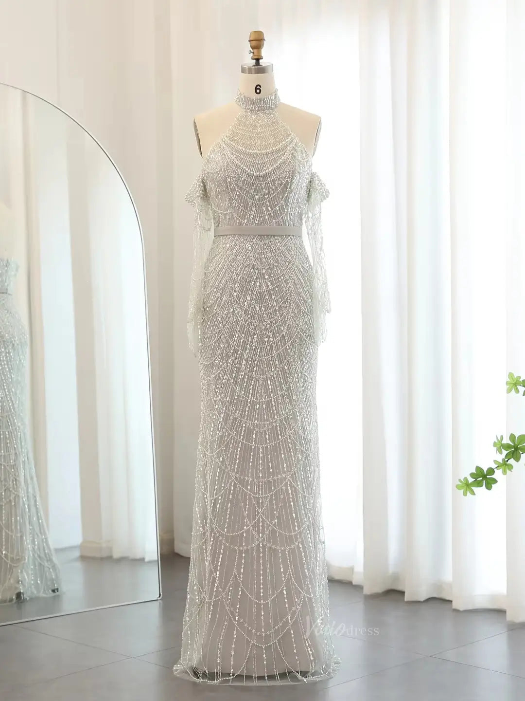 prom dresses 2025 Elegant Luxury Prom Dresses Beaded Mermaid Formal Dresses Removable Sleeves BD028-plus size wedding dresses Viniodress-Silver-US 2-