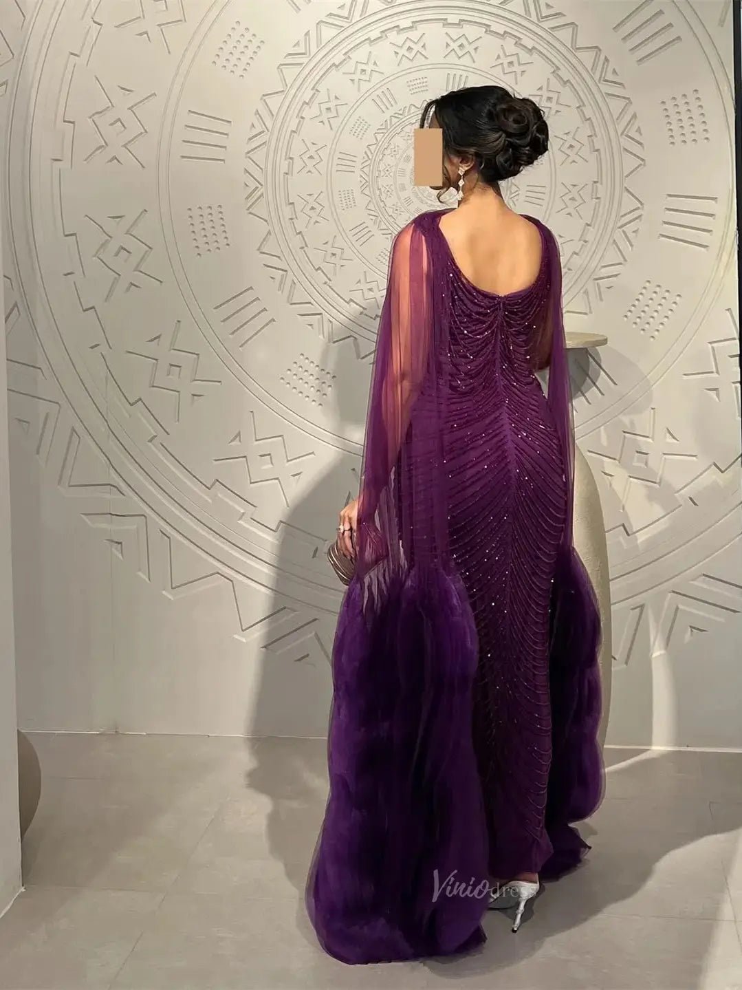 Elegant Purple Prom Dresses Cape Sleeve Beaded Formal Dresses BD017 - ViniodressEvening DressesPurpleUS 2 - Formal Dresses - Ball Gowns