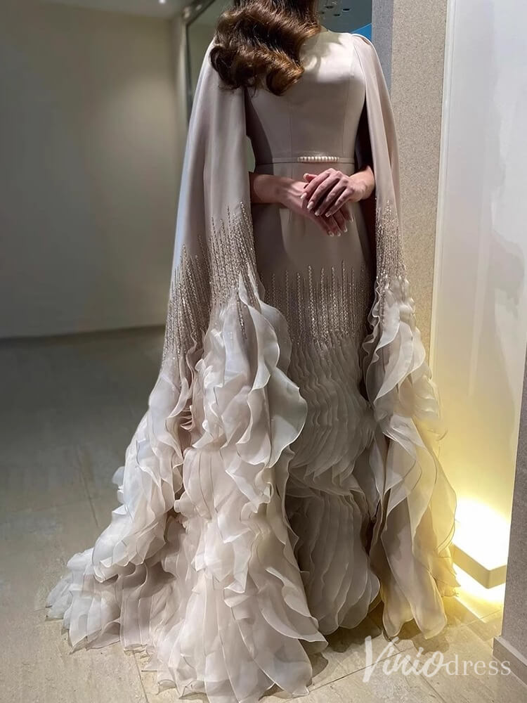 Elegant Ruffled Cape Sleeve Wedding Dresses Beaded Evening Dress 20215 - ViniodressEvening DressesChampagneUS 2 - Formal Dresses - Ball Gowns