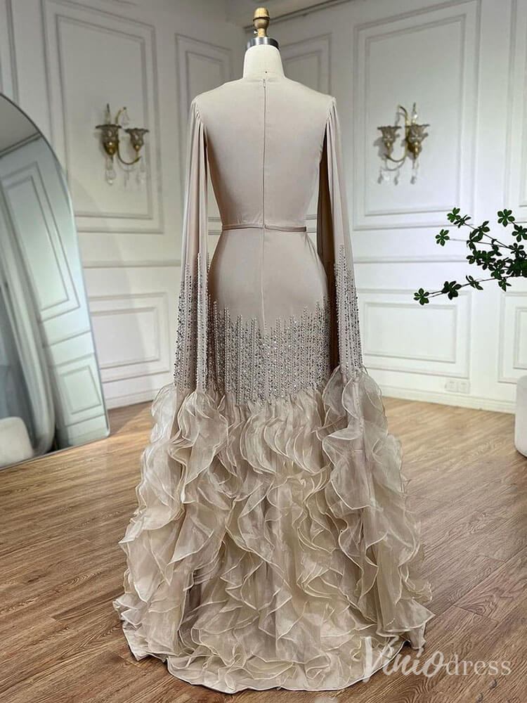 Elegant Ruffled Cape Sleeve Wedding Dresses Beaded Evening Dress 20215 - ViniodressEvening DressesChampagneUS 2 - Formal Dresses - Ball Gowns