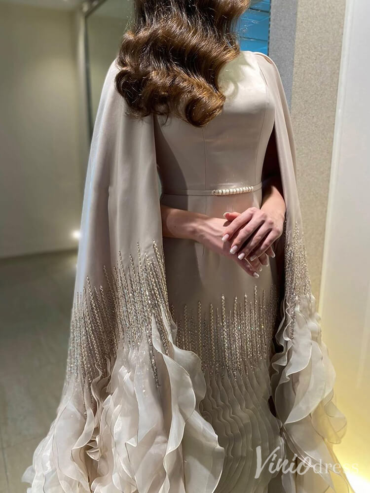 Elegant Ruffled Cape Sleeve Wedding Dresses Beaded Evening Dress 20215 - ViniodressEvening DressesChampagneUS 2 - Formal Dresses - Ball Gowns