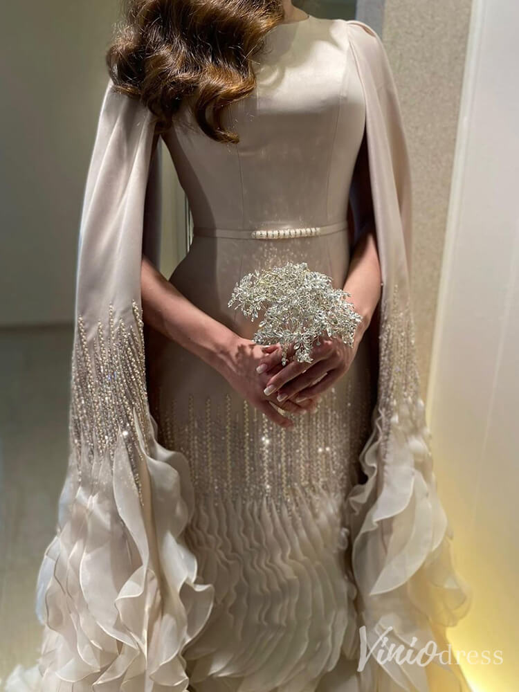 Elegant Ruffled Cape Sleeve Wedding Dresses Beaded Evening Dress 20215 - ViniodressEvening DressesChampagneUS 2 - Formal Dresses - Ball Gowns