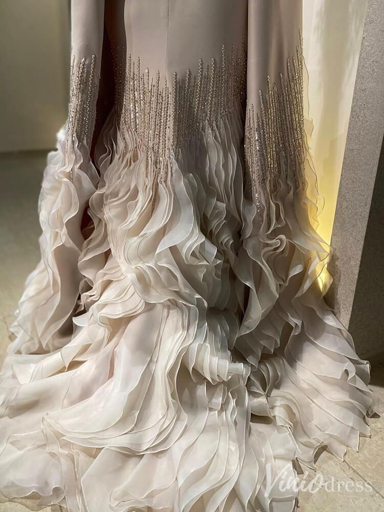 Elegant Ruffled Cape Sleeve Wedding Dresses Beaded Evening Dress 20215 - ViniodressEvening DressesChampagneUS 2 - Formal Dresses - Ball Gowns