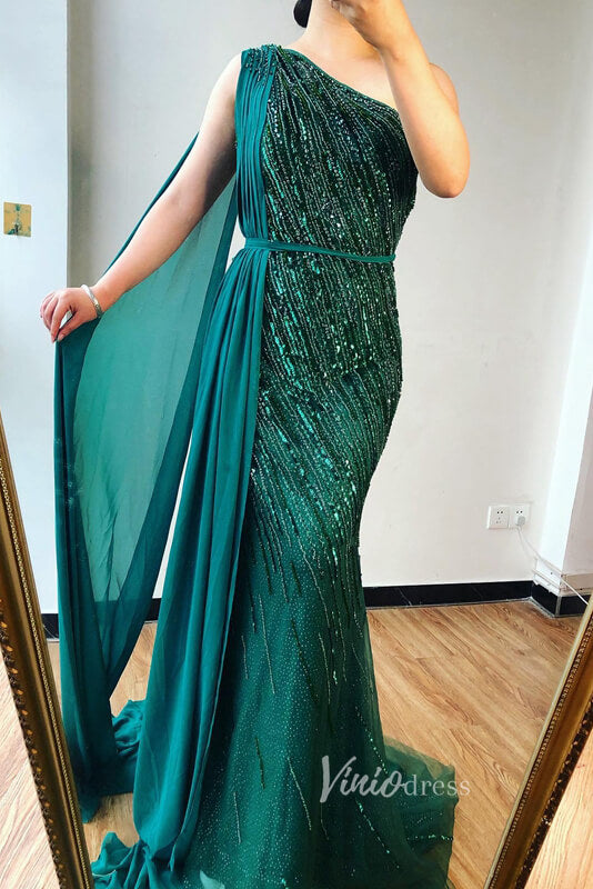 Prom Dress 2025 Emerald Green Beaded Mermaid Formal Dresses One Shoulder Pageant Dress FD3003-unique prom dresses-Emerald Green-US 2-Viniodress