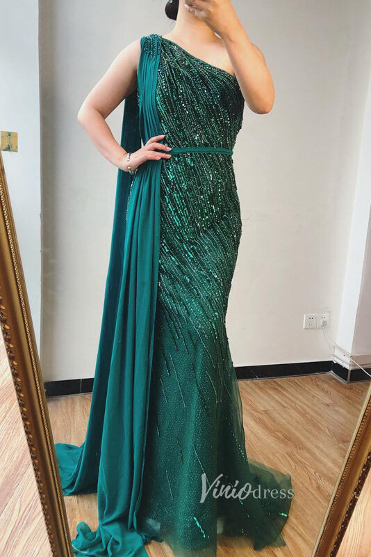 Prom Dress 2025 Emerald Green Beaded Mermaid Formal Dresses One Shoulder Pageant Dress FD3003-unique prom dresses-Emerald Green-US 2-Viniodress