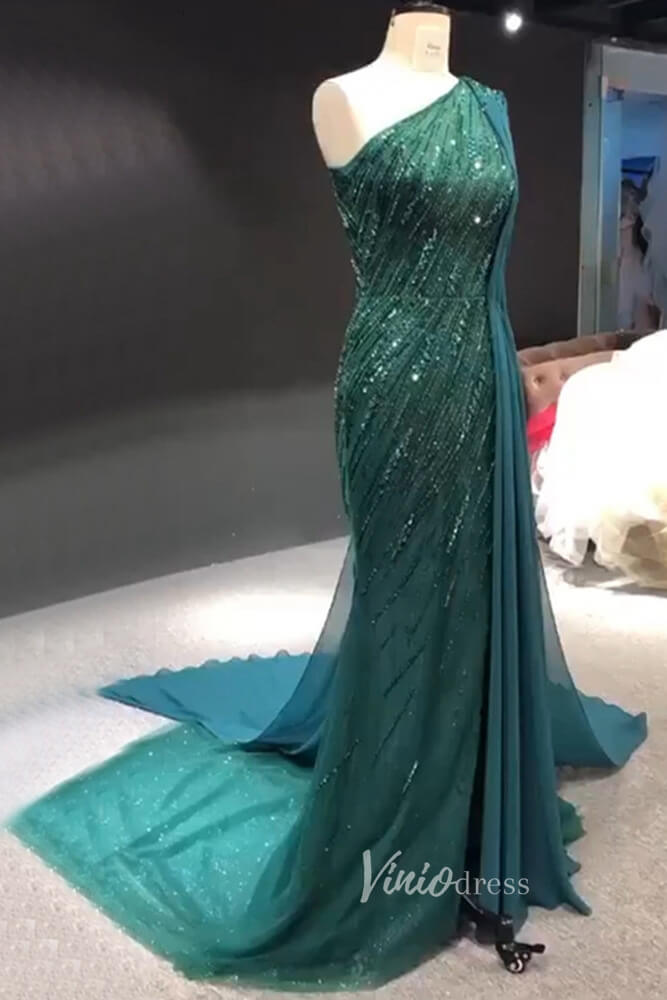 Prom Dress 2025 Emerald Green Beaded Mermaid Formal Dresses One Shoulder Pageant Dress FD3003-unique prom dresses-Emerald Green-US 2-Viniodress