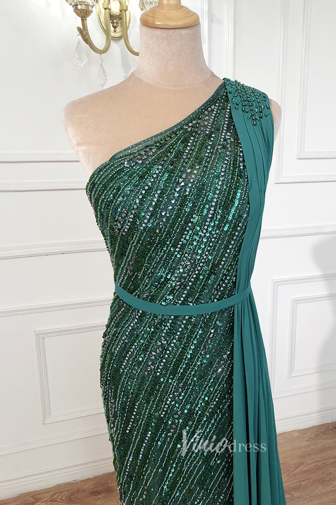 Prom Dress 2025 Emerald Green Beaded Mermaid Formal Dresses One Shoulder Pageant Dress FD3003-unique prom dresses-Emerald Green-US 2-Viniodress