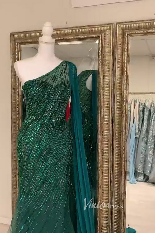 Prom Dress 2025 Emerald Green Beaded Mermaid Formal Dresses One Shoulder Pageant Dress FD3003-unique prom dresses-Emerald Green-US 2-Viniodress