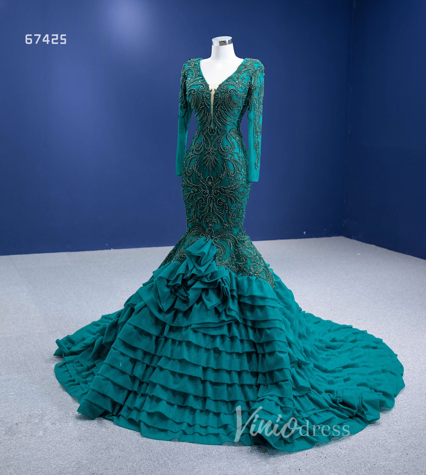 Prom Dress 2025 Emerald Green Long Sleeve Mermaid Prom Dress Beaded Tiered Pageant Gown 67425 VINIODRESS-unique prom dresses-Emerald Green-Custom Size-Viniodress