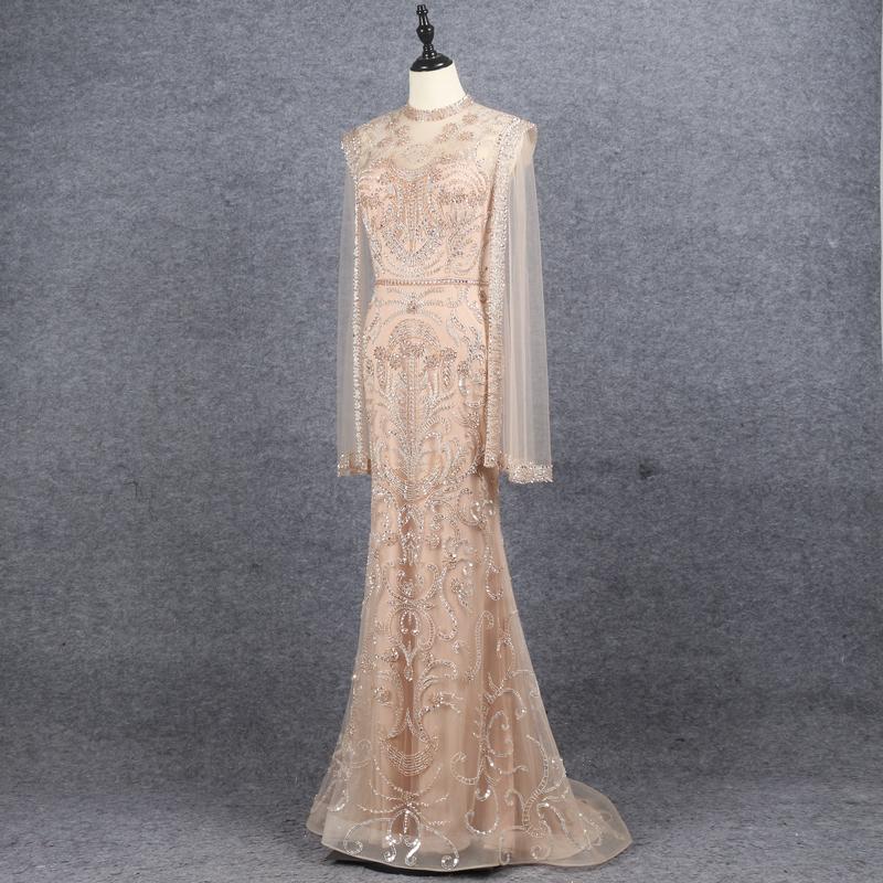 Prom Dress 2025 Extra Long Sleeve Beaded Gold Prom Dresses Cape Sleeve FD2609-unique Prom Dresses-US2-Gold-Viniodress