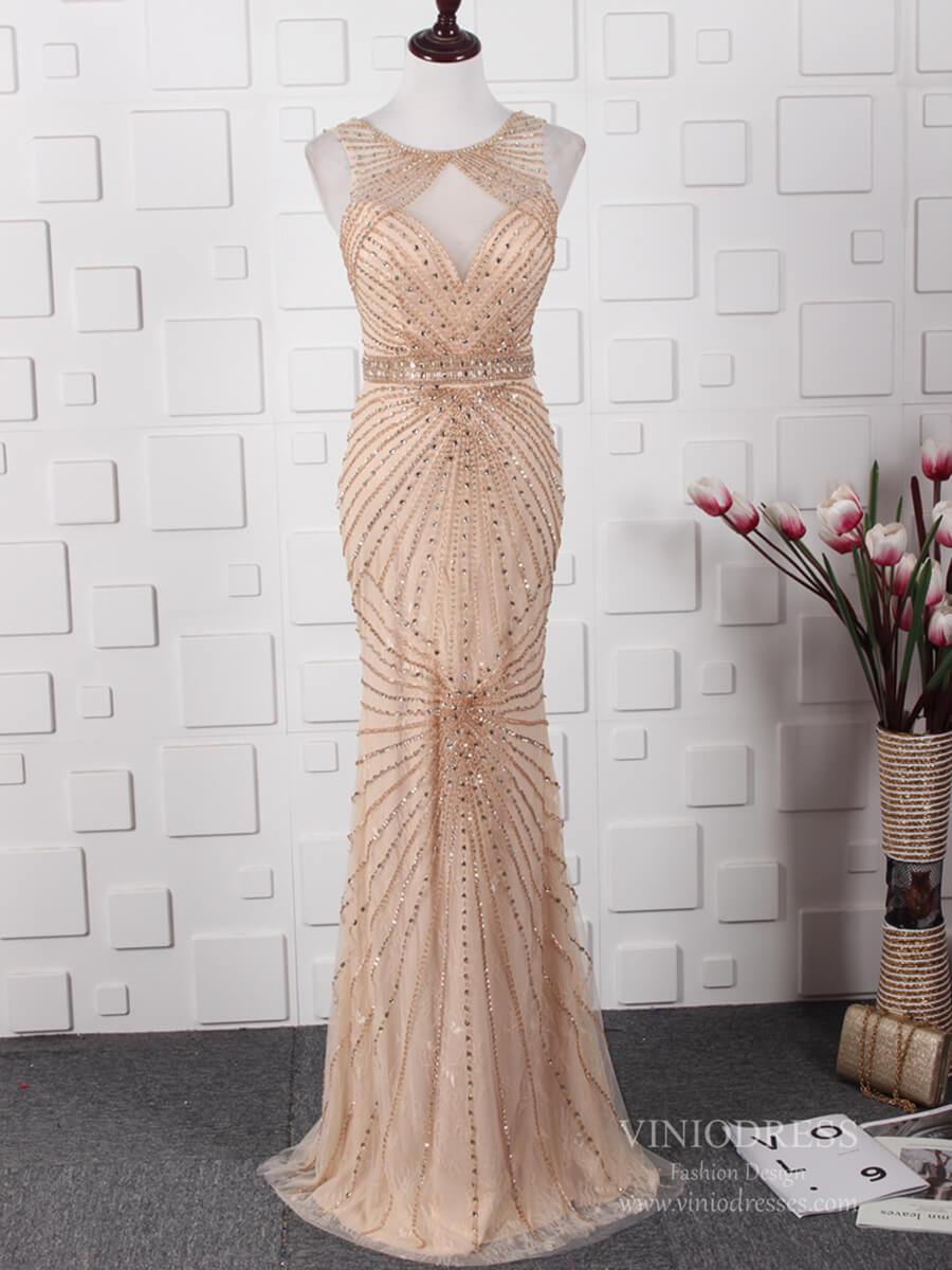 Prom Dress 2025 Fully Beaded Pale Mauve Prom Dresses Sparkly Long Evening Dress FD2489-unique prom dresses-Gold-Custom Size-Viniodress