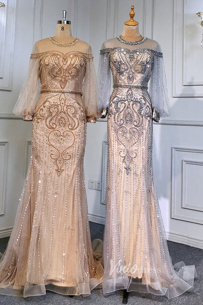 Prom Dress 2025 Gold Beaded Evening Dresses Sheath Long Puffed Sleeve Pageant Dress FD3016-unique prom dresses-Gold-US 2-Viniodress