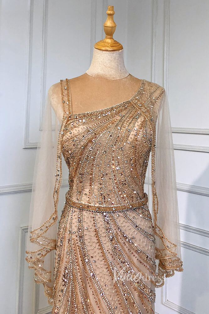 Prom Dress 2025 Gold Beaded Evening Dresses Sheath Long Sleeve Pageant Dress FD3015-unique prom dresses-Gold-US 2-Viniodress