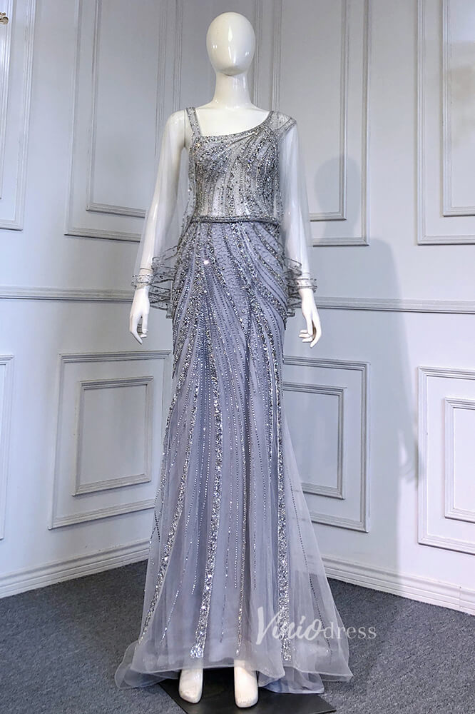 Prom Dress 2025 Gold Beaded Evening Dresses Sheath Long Sleeve Pageant Dress FD3015-unique prom dresses-Silver-US 2-Viniodress