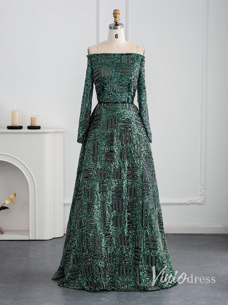 Green Beaded Evening Dresses Off the Shoulder Long Sleeve Formal Dress AD1164 - ViniodressEvening DressesGreenUS 2 - Formal Dresses - Ball Gowns