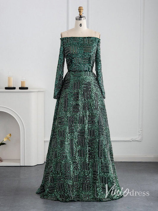 Green Beaded Evening Dresses Off the Shoulder Long Sleeve Formal Dress AD1164 - ViniodressEvening DressesGreenUS 2 - Formal Dresses - Ball Gowns