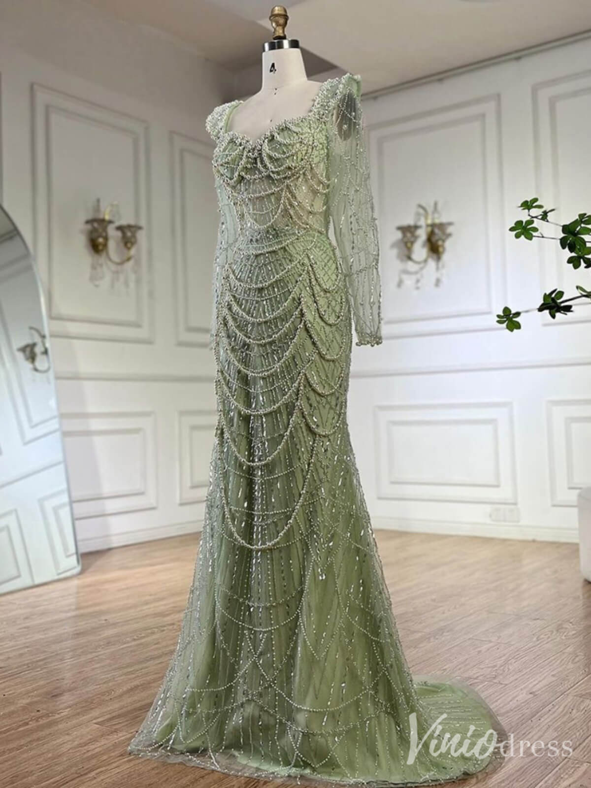 Green Beaded Long Sleeve Prom Dresses Mermaid 20s Evening Gown 20225 - ViniodressEvening DressesGreenUS 2 - Formal Dresses - Ball Gowns