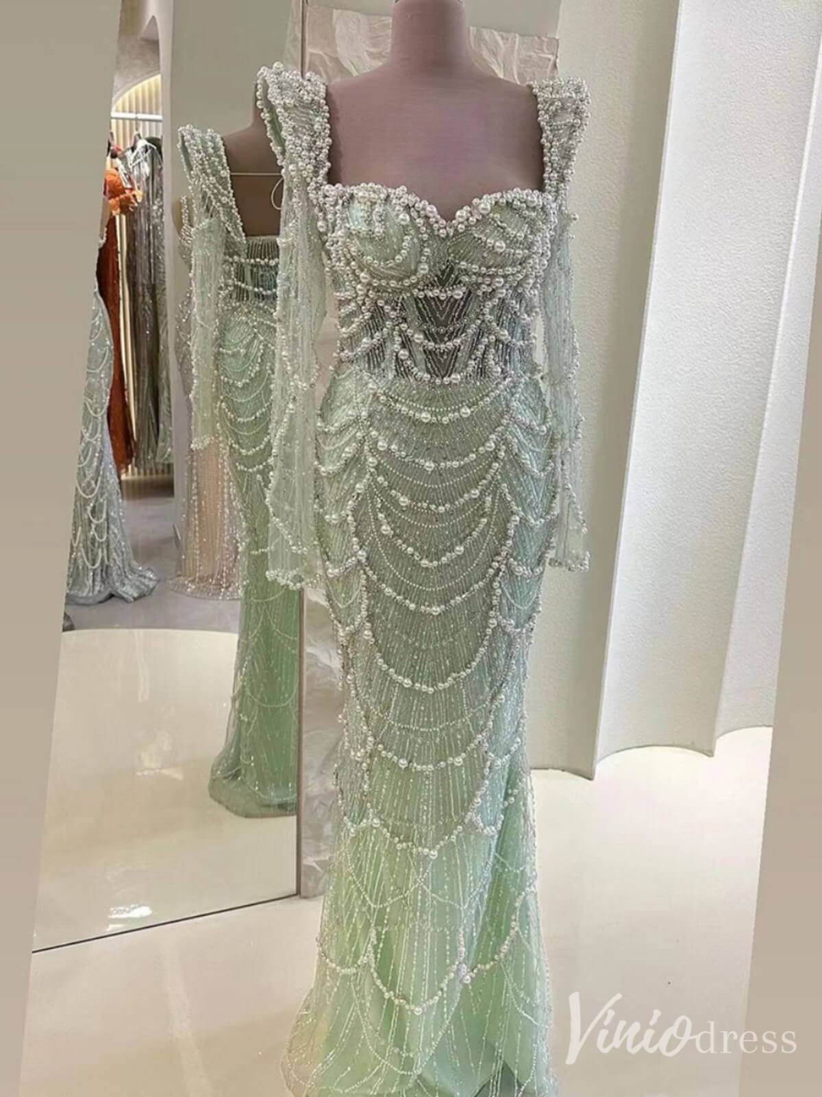 Green Beaded Long Sleeve Prom Dresses Mermaid 20s Evening Gown 20225 - ViniodressEvening DressesGreenUS 2 - Formal Dresses - Ball Gowns