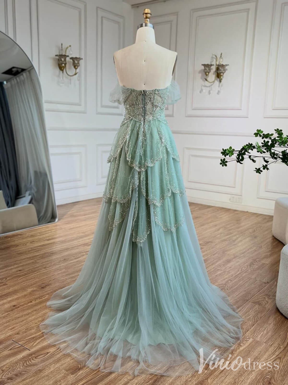 Green Beaded Tiered Prom Dresses Off the Shoulder Evening Gown 20228 - ViniodressEvening DressesGreenUS 2 - Formal Dresses - Ball Gowns