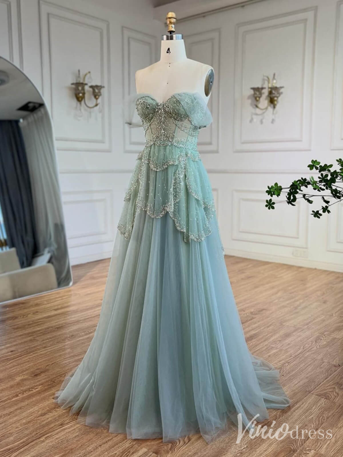 Green Beaded Tiered Prom Dresses Off the Shoulder Evening Gown 20228 - ViniodressEvening DressesGreenUS 2 - Formal Dresses - Ball Gowns