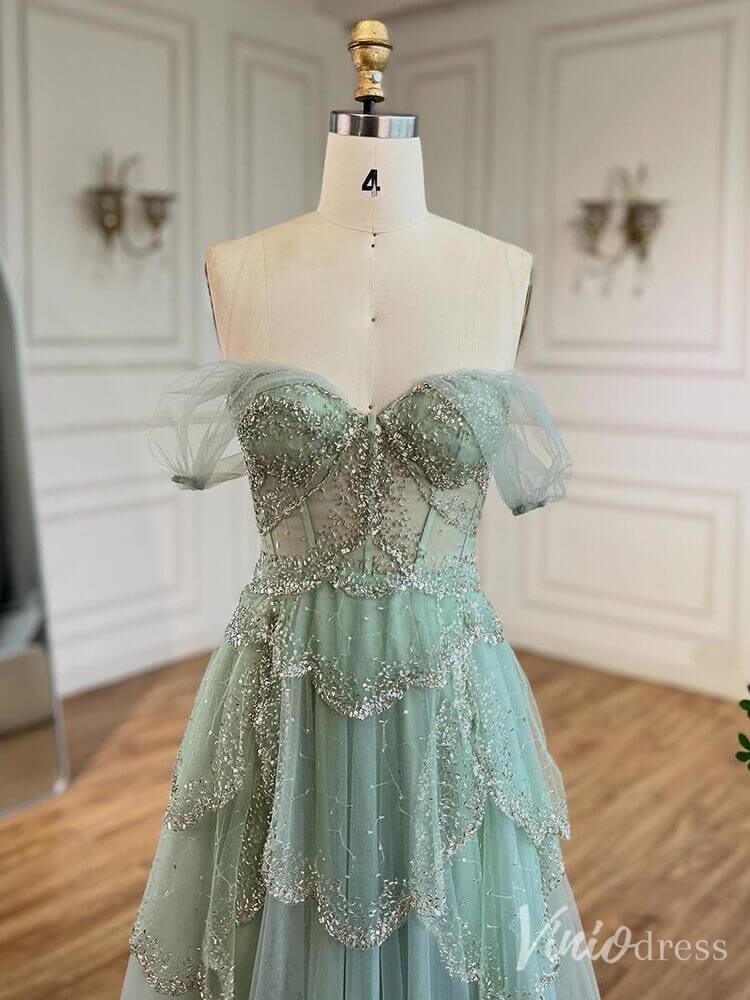 Green Beaded Tiered Prom Dresses Off the Shoulder Evening Gown 20228 - ViniodressEvening DressesGreenUS 2 - Formal Dresses - Ball Gowns