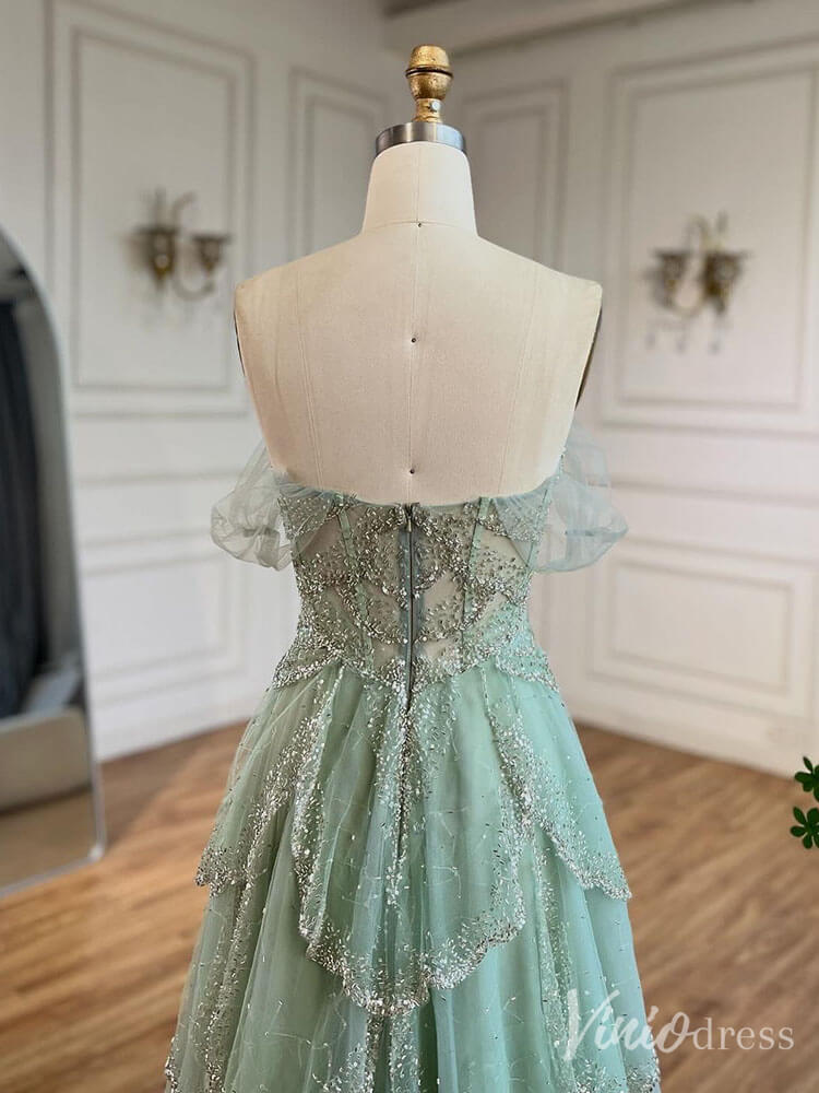 Green Beaded Tiered Prom Dresses Off the Shoulder Evening Gown 20228 - ViniodressEvening DressesGreenUS 2 - Formal Dresses - Ball Gowns