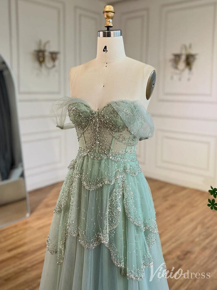 Green Beaded Tiered Prom Dresses Off the Shoulder Evening Gown 20228 - ViniodressEvening DressesGreenUS 2 - Formal Dresses - Ball Gowns