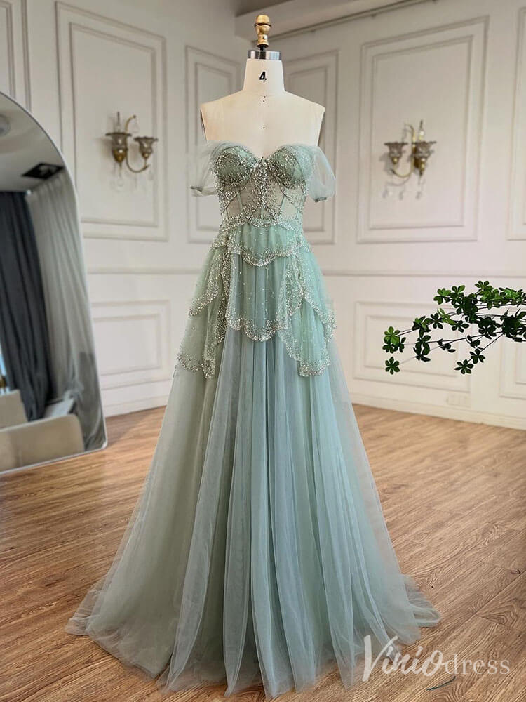 Green Beaded Tiered Prom Dresses Off the Shoulder Evening Gown 20228 - ViniodressEvening DressesGreenUS 2 - Formal Dresses - Ball Gowns