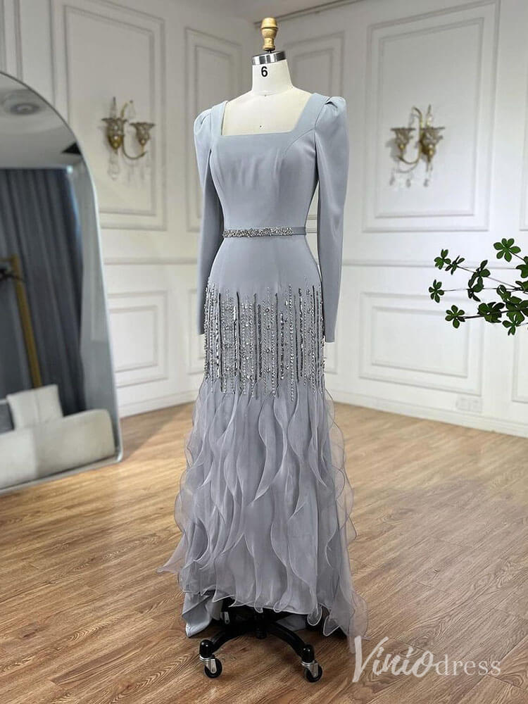 Grey Beaded Long Sleeve Prom Dresses Tiered Square Neck Maxi Dress Mother of the Bride Dress AD1233 - ViniodressEvening DressesGreyUS 2 - Formal Dresses - Ball Gowns