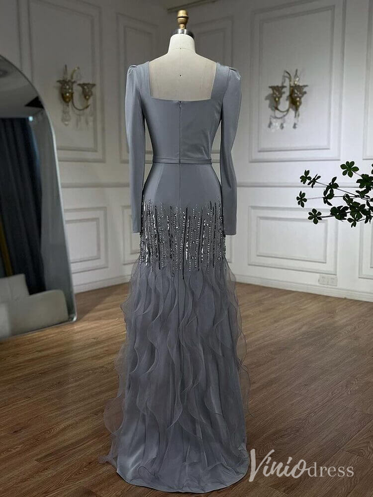 Grey Beaded Long Sleeve Prom Dresses Tiered Square Neck Maxi Dress Mother of the Bride Dress AD1233 - ViniodressEvening DressesGreyUS 2 - Formal Dresses - Ball Gowns