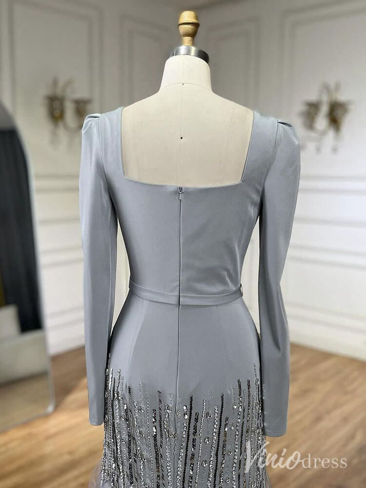 Grey Beaded Long Sleeve Prom Dresses Tiered Square Neck Maxi Dress Mother of the Bride Dress AD1233 - ViniodressEvening DressesGreyUS 2 - Formal Dresses - Ball Gowns