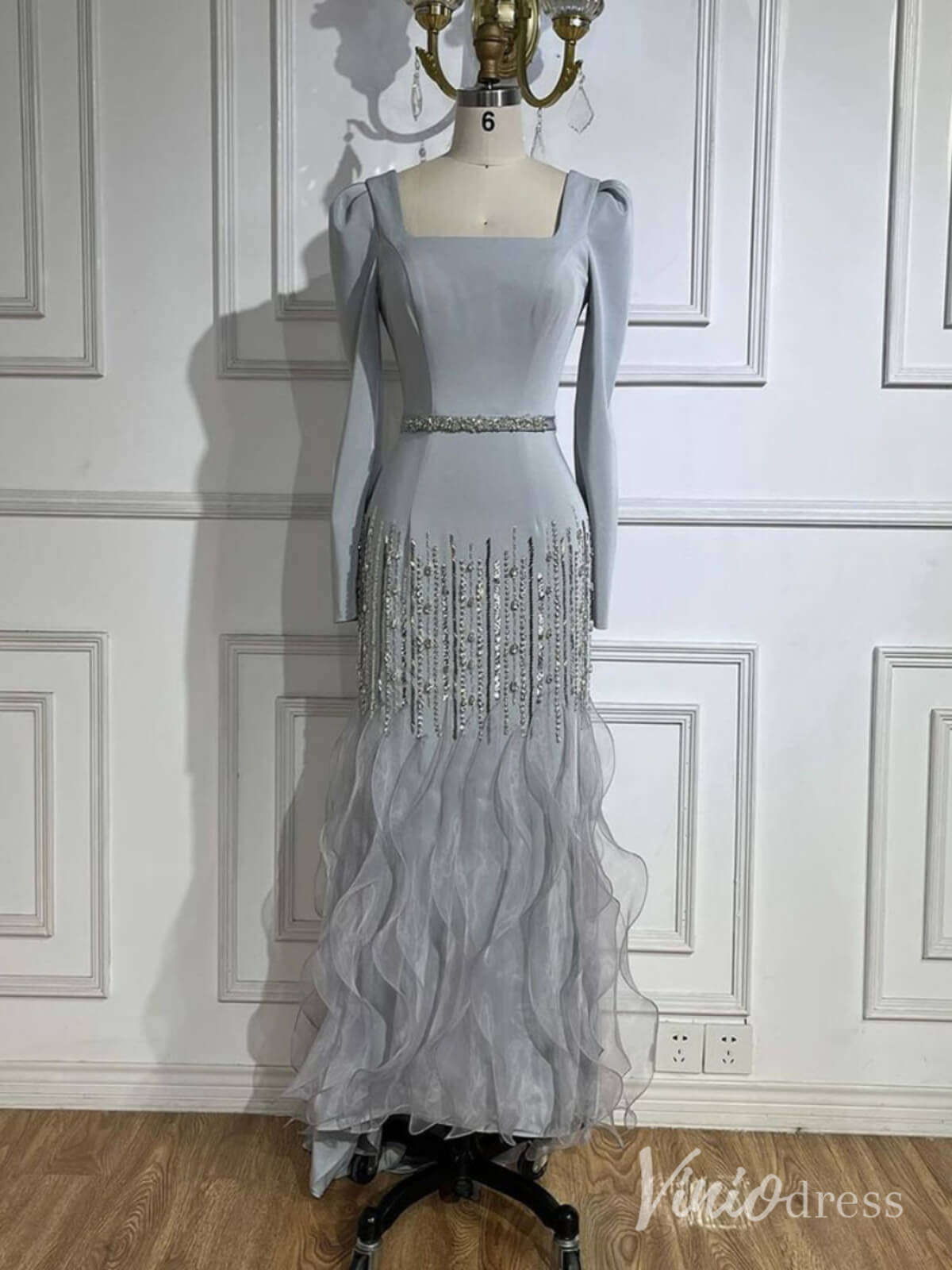 Grey Beaded Long Sleeve Prom Dresses Tiered Square Neck Maxi Dress Mother of the Bride Dress AD1233 - ViniodressEvening DressesGreyUS 2 - Formal Dresses - Ball Gowns