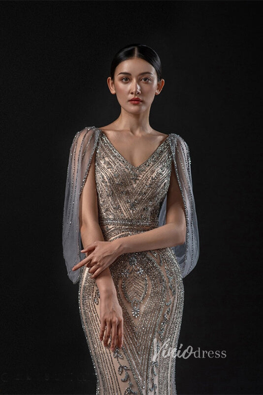 Prom Dress 2025 Grey Beaded Prom Dresses V-neck Formal 20s Party Dress FD2472-unique prom dresses-Grey-US 2-Viniodress