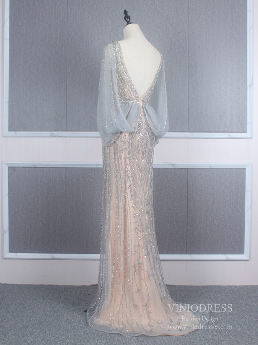 Prom Dress 2025 Grey Beaded Prom Dresses V-neck Formal 20s Party Dress FD2472-unique prom dresses-Grey-US 2-Viniodress