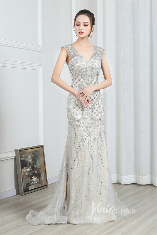 Prom Dress 2025 Grey Beaded Prom Dresses V-neck Sheath 20s Party Dress FD2490-unique prom dresses-Grey-US 2-Viniodress