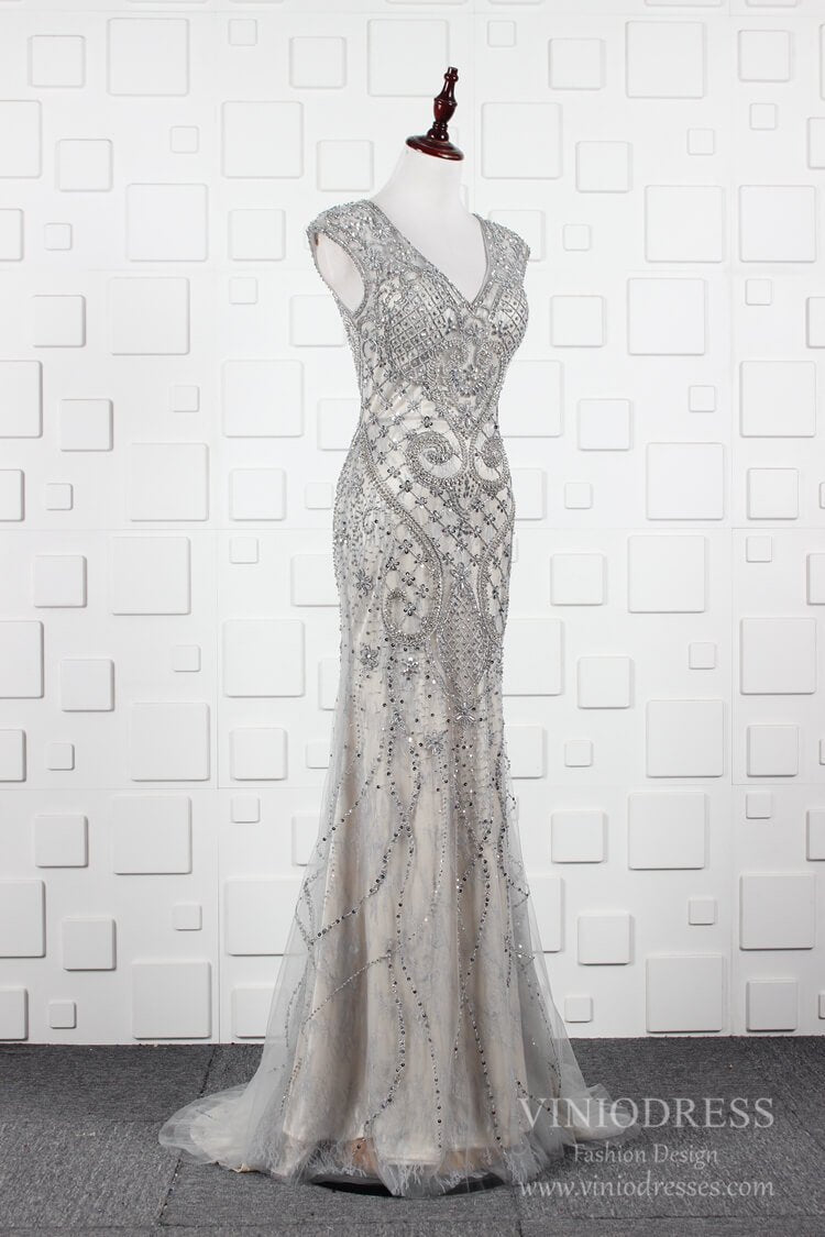 Prom Dress 2025 Grey Beaded Prom Dresses V-neck Sheath 20s Party Dress FD2490-unique prom dresses-Grey-US 2-Viniodress