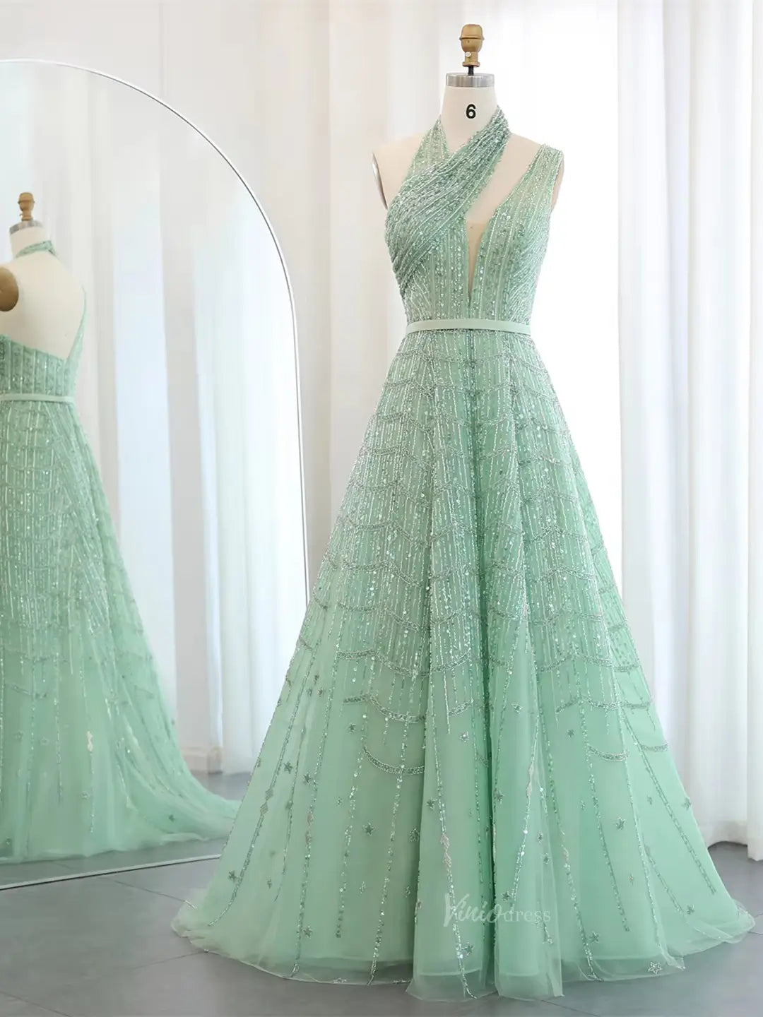 prom dresses 2025 Halter Neck A-line Prom Dresses Beaded Sparkly Formal Dresses BD026-plus size wedding dresses Viniodress-Light Green-US 2-