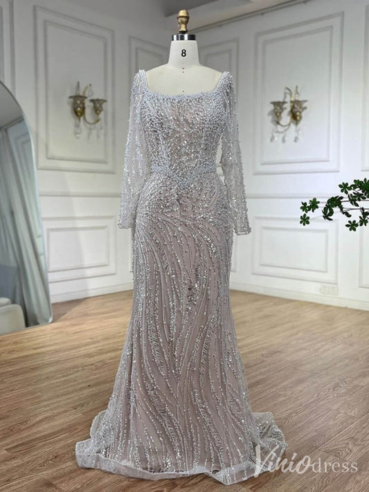 Ivory Beaded Lace Square Neck Prom Dresses Long Sleeve Sheath Pageant Dress 20236 - ViniodressEvening DressesIvoryUS 2 - Formal Dresses - Ball Gowns