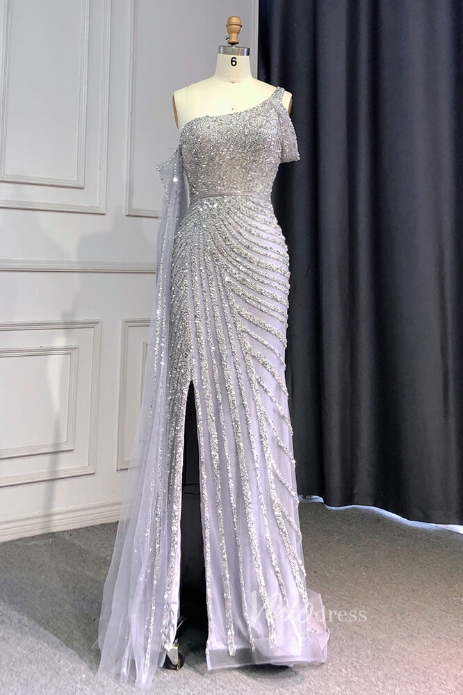 Prom Dress 2025 Khaki Beaded Mermaid Pageant Dresses One Shoulder Prom Dress FD3025-unique prom dresses-Silver-US 2-Viniodress