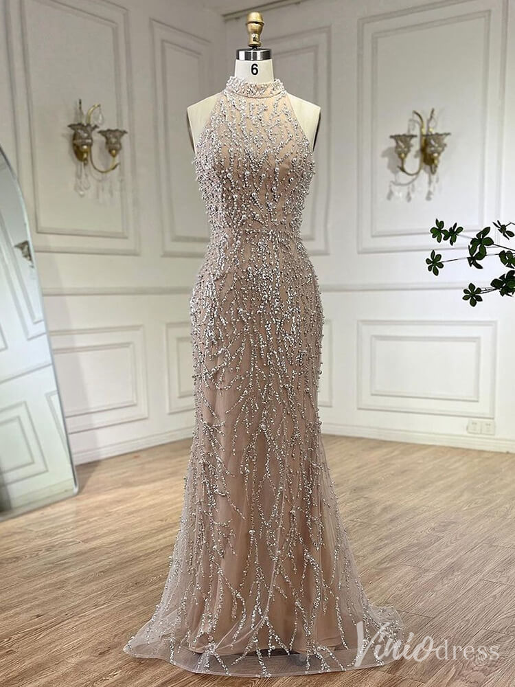 Khaki Beaded Removable Sleeve Prom Dresses Mermaid High Neck 20s Evening Gown 20227 - ViniodressEvening DressesKhakiUS 2 - Formal Dresses - Ball Gowns